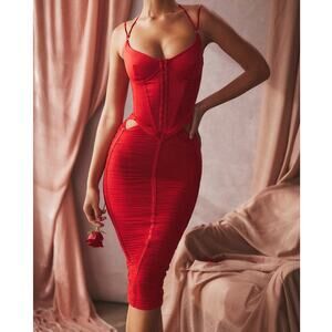house of cb maya scarlet red ruched mesh bustier corset cutout midi dress